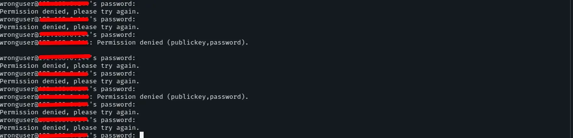 Terminal showing repeated SSH permission denied responses during the brute-force attempt