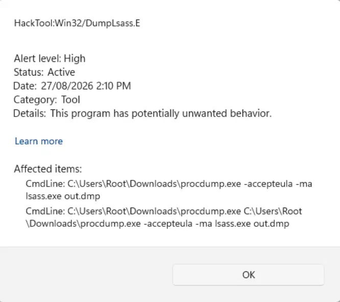 Windows Defender detection alert for HackTool:Win32/DumpLsass.E after ProcDump was run against lsass.exe
