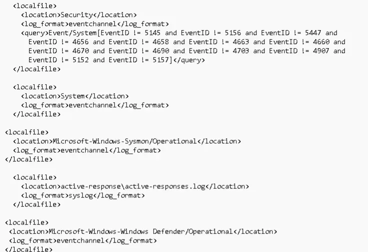 The ossec.conf localfile block added to collect the Microsoft-Windows-Windows Defender/Operational event channel