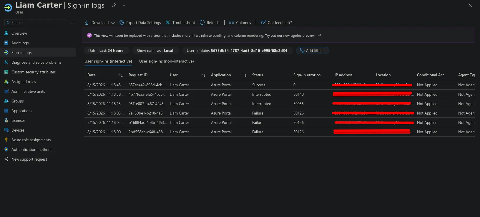 Figure 2: Sign-in logs showing successful, failed, and interrupted sign-ins
