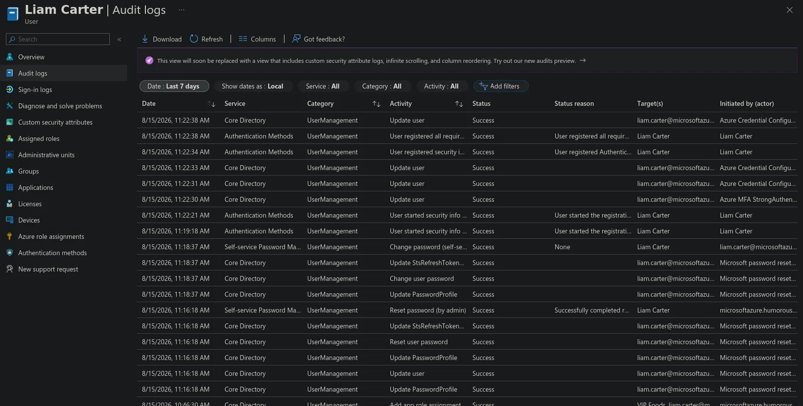 Figure 3: Audit logs showing user changes and an app role assignment