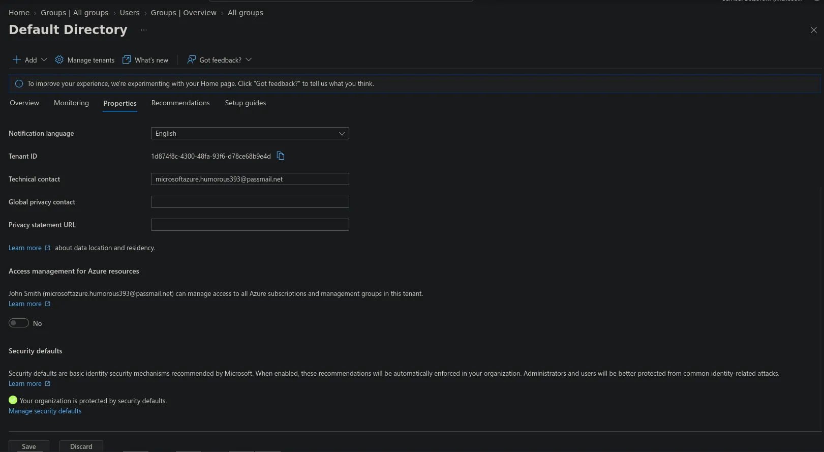 Figure 3: Security Defaults enabled on the tenant